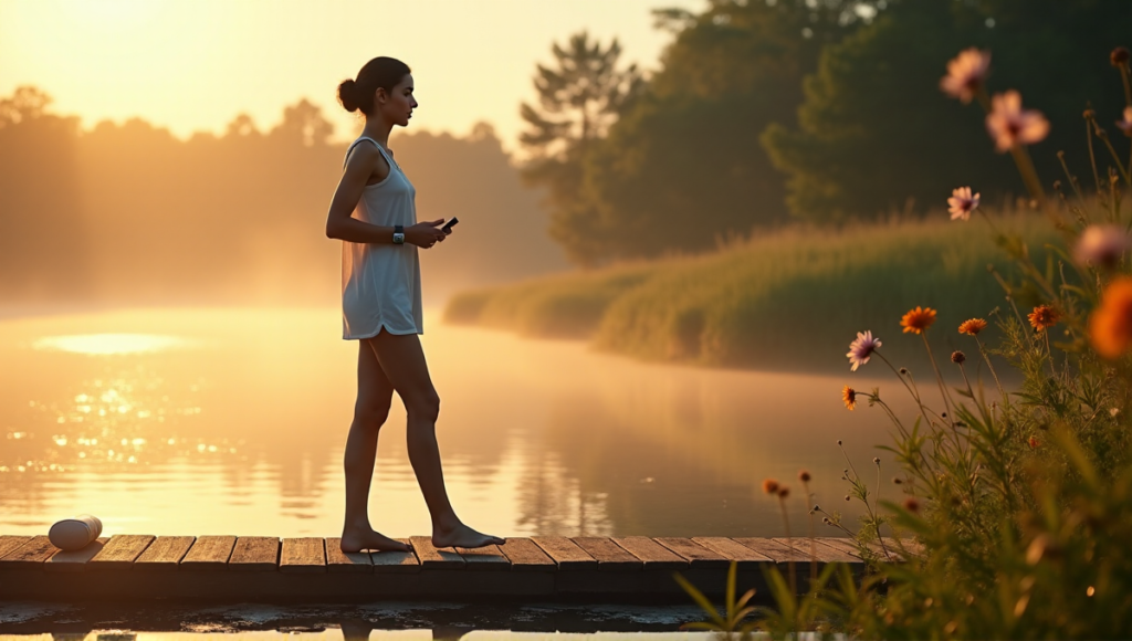 A serene woman wearing a sleek silver wearable device on her wrist stands barefoot on a weathered dock at dawn, surrounded by lush greenery and vibrant wildflowers.
