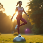 "A young woman stands on one leg, balancing on a silver exercise ball in a serene outdoor setting, wearing high-tech smart shoes and a matching watch, exuding confidence and poise while tracking fitness goals."