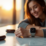 A person wearing a sleek silver smartwatch with high-resolution display, surrounded by health gadgets on a minimalist marble countertop in a modern living room, showcasing seamless integration of technology into daily life for best health monitoring wearables 2025.