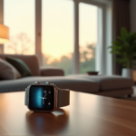 "A sleek silver smartwatch with a minimalist leather strap rests on a polished wooden desk in a modern living room, surrounded by subtle ambient lighting and luxurious furniture."
