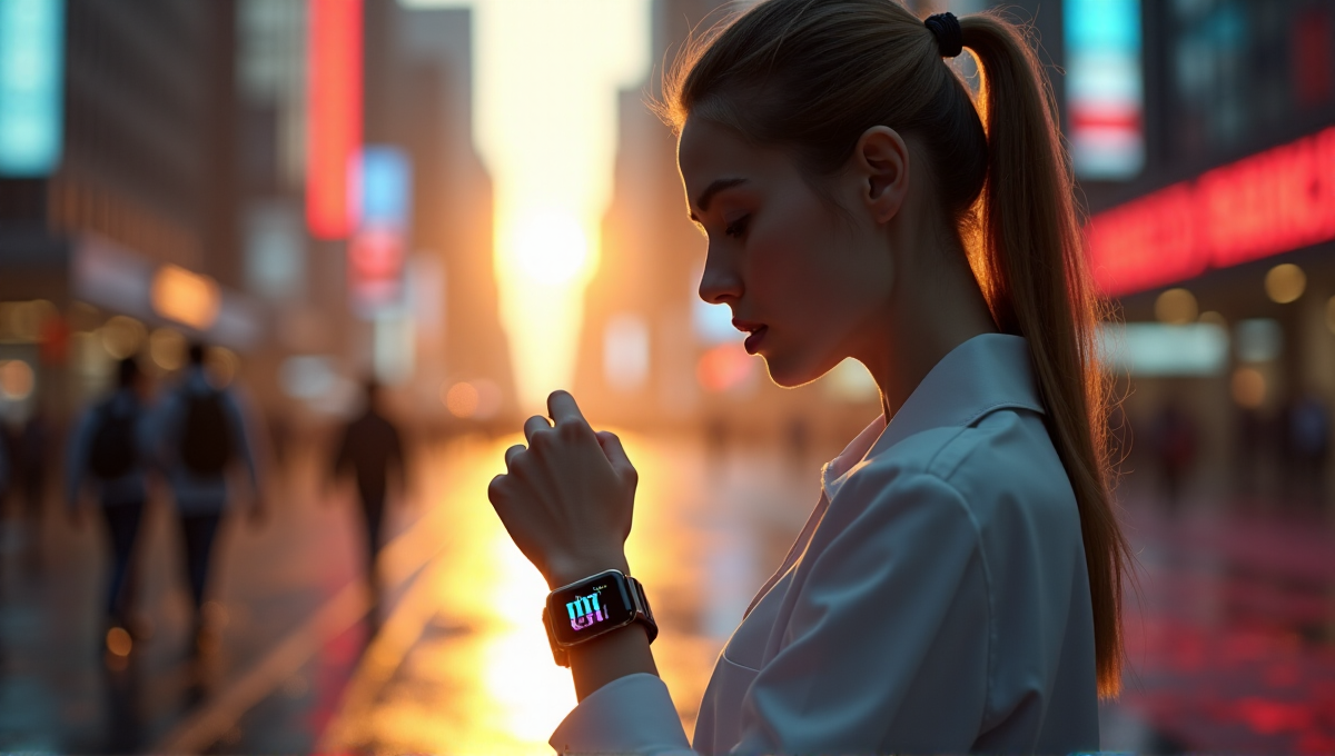 A young woman wearing a sleek wearable device on her wrist, surrounded by urban scenery, with data visualizations on its display.