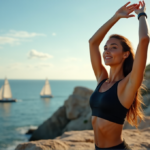 "A young woman stands on a rugged coastline, wearing a sleek black sports outfit, holding a high-tech activity tracker, exuding confidence and determination."