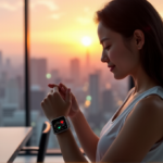 "A young woman wearing a sleek silver smartwatch with animated graph on her wrist, standing in front of a cityscape at sunset."