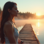 "A serene woman wearing a sleek silver wearable device on her wrist stands barefoot on a wooden dock surrounded by misty dawn atmosphere, promoting balance between technology and nature."