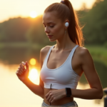 A young woman stands on a wooden dock overlooking a tranquil lake at dawn, wearing cutting-edge wearables that aid her daily life amidst lush greenery, exuding calm confidence while tracking fitness goals for best sports performance.
