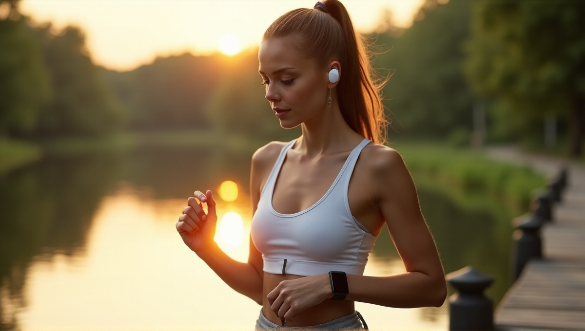 A young woman stands on a wooden dock overlooking a tranquil lake at dawn, wearing cutting-edge wearables that aid her daily life amidst lush greenery, exuding calm confidence while tracking fitness goals for best sports performance.