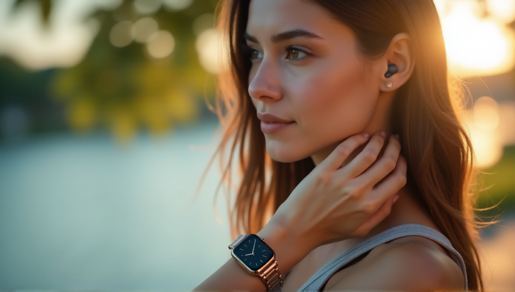 "A woman wearing a sleek silver smartwatch with rose-gold earbuds in a serene outdoor setting, promoting balance and wellness through technology integration."