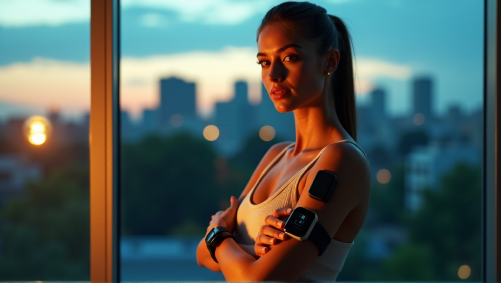 "A person wearing multiple health monitoring devices on their wrist, chest, and arm in front of a cityscape at dusk with warm golden hour light."