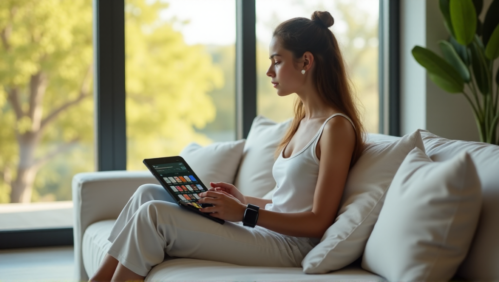 "A serene woman sits on a modern couch, wearing a smartwatch, earbuds, and using a tablet with health apps, embodying balance between technology and wellness, best for monitoring one's health."