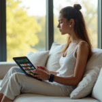 "A serene woman sits on a modern couch, wearing a smartwatch, earbuds, and using a tablet with health apps, embodying balance between technology and wellness, best for monitoring one's health."