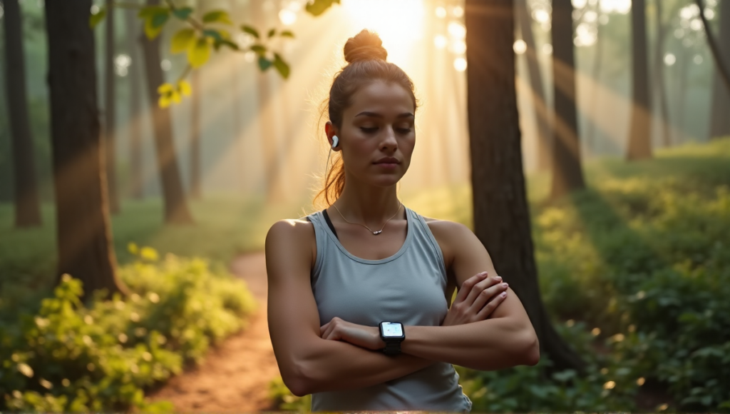 "A young woman wearing a sleek silver smartwatch and wireless earbuds in a misty forest, tracking fitness stats amidst lush foliage and exercise equipment."