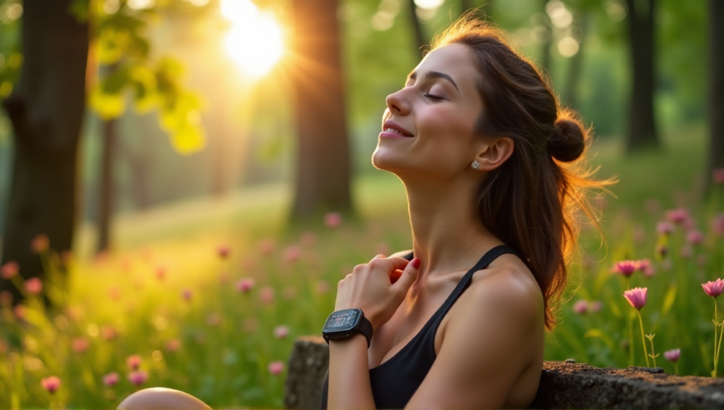 "A serene woman sits on a natural stone bench in a lush forest, wearing a sleek black sports watch with a silver heart rate monitoring strap, exuding relaxation and inner peace."