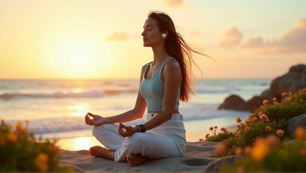 "A serene young woman meditates on a tranquil beach at sunrise, wearing sleek smartwatch and elegant earbuds, embodying seamless wellness through best wearables comprehensive health tracking."