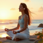 "A serene young woman meditates on a tranquil beach at sunrise, wearing sleek smartwatch and elegant earbuds, embodying seamless wellness through best wearables comprehensive health tracking."