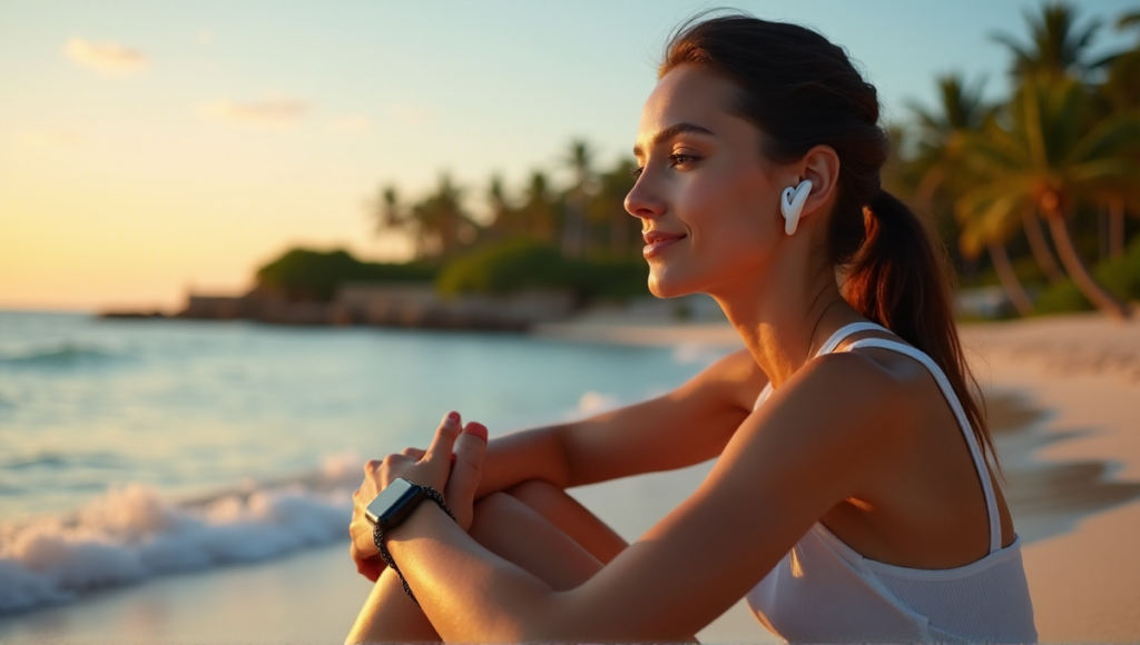 "A young woman sits on a serene beach at sunset, wearing modern smartwatch, wireless earbuds, and holding fitness tracker, exuding balance and harmony amidst nature's tranquility."