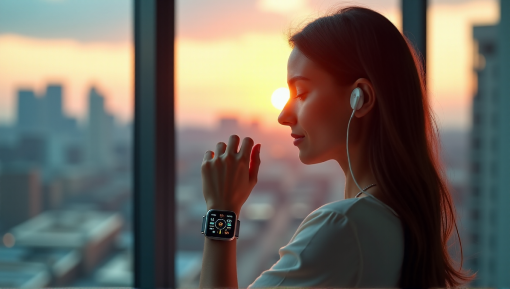 A young woman wearing a sleek silver smartwatch and wireless earbuds stands in front of a cityscape at sunrise, checking her watch's health metrics and notifications.