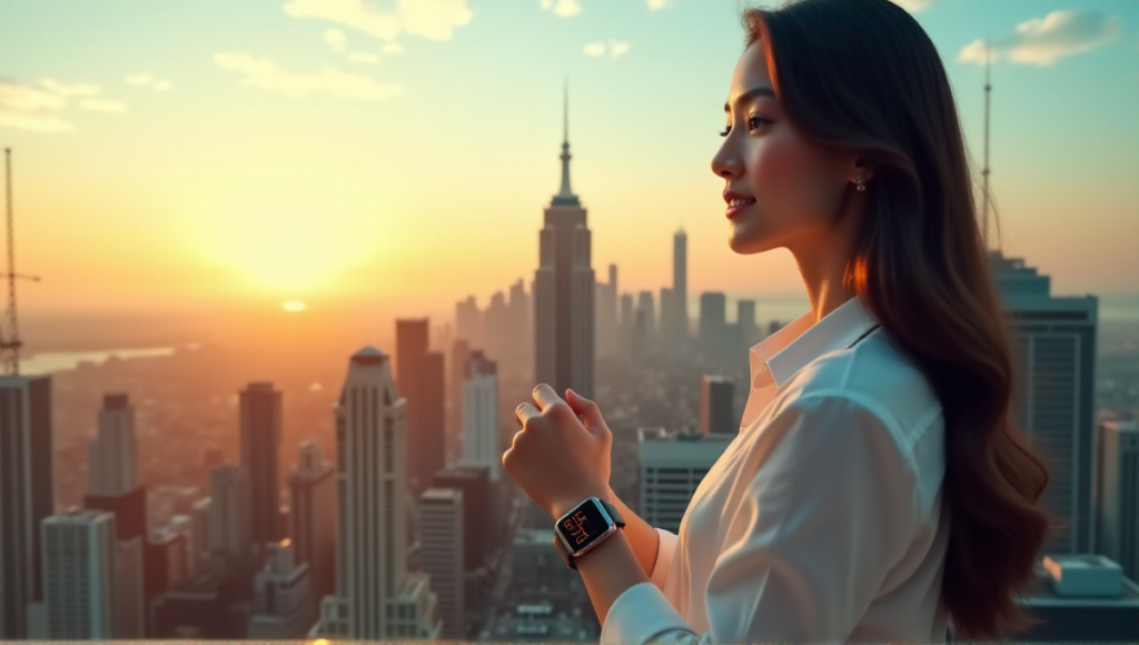 "A young woman wearing a sleek silver smartwatch with dark gray leather strap, set against a vibrant city skyline at sunrise, emphasizing modernity and effortless style in achieving best wearables sports fitness goals."