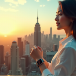 "A young woman wearing a sleek silver smartwatch with dark gray leather strap, set against a vibrant city skyline at sunrise, emphasizing modernity and effortless style in achieving best wearables sports fitness goals."