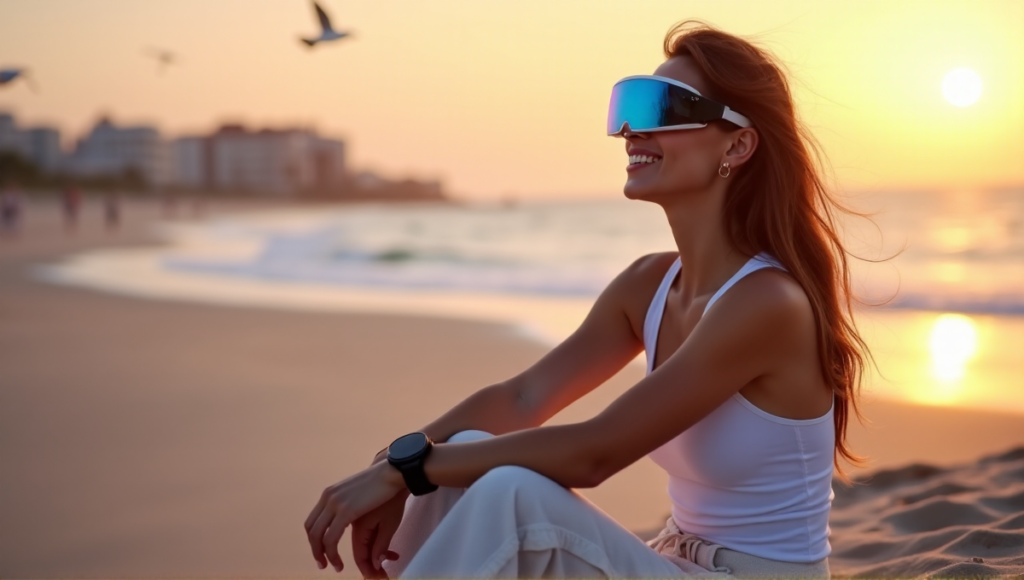 A young woman sits on a serene beach at sunset, wearing a sleek black sports watch and smart glasses, gazing out at the horizon with a relaxed expression, surrounded by natural beauty amidst cutting-edge technology for best wearables comprehensive health tracking.
