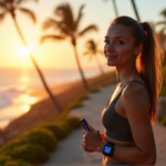 "A young woman stands confidently on a coastal path at sunrise, wearing a sleek black fitness tracker and holding a smartwatch, conveying motivation and empowerment towards achieving best wearables sports fitness goals."