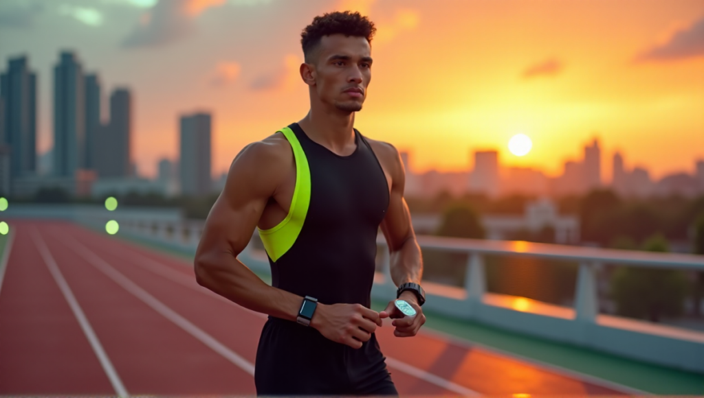 "A young male athlete wearing Pulse's wearable technology stands confidently on a modern athletic track at sunset, with a blurred cityscape background."