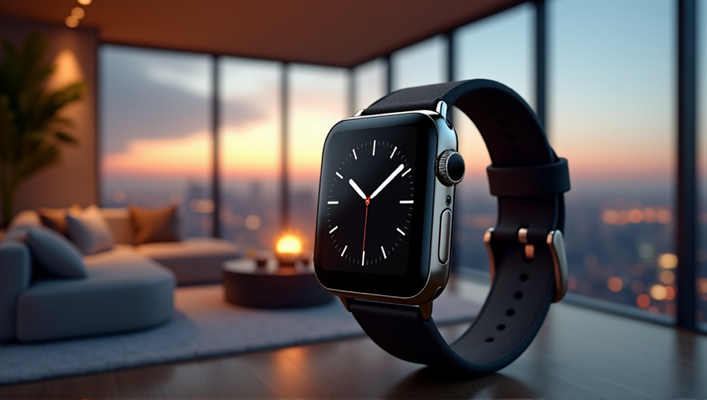 "A high-end smartwatch on a luxurious leather strap in a modern living room with cityscape view at dusk."