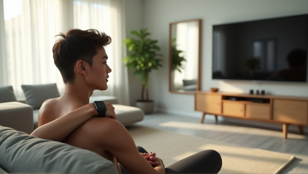 "Image of a young adult relaxing on a couch, wearing a sleek black smartwatch, surrounded by a minimalist living room with natural light and modern art pieces."