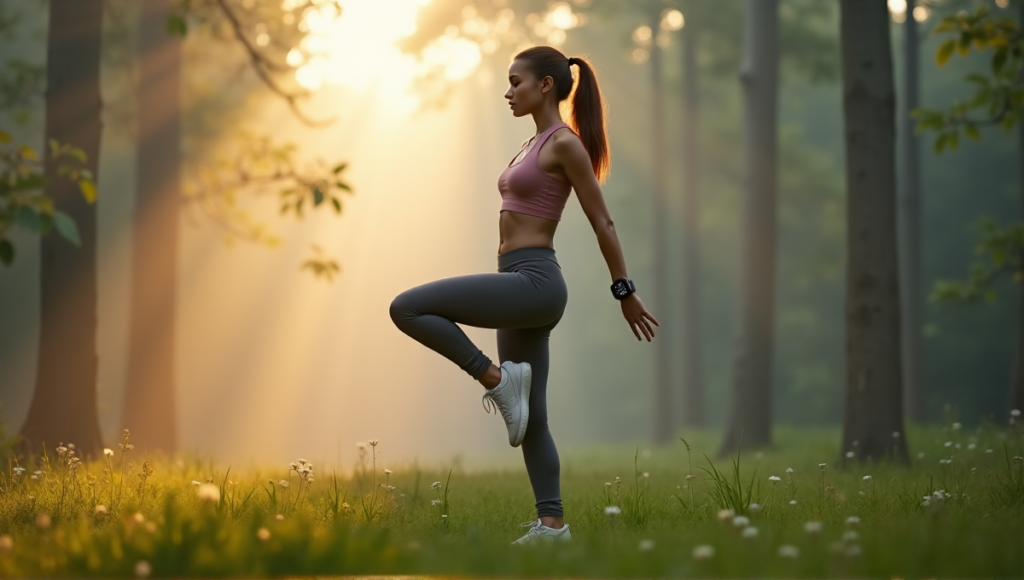 "A young woman balances on one foot in a misty forest at dawn, wearing a sleek smartwatch with vital signs and fitness metrics displayed on its touchscreen."