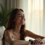 A serene woman relaxes in a minimalist living room, wearing a sleek smartwatch on her wrist, surrounded by calming elements and soft morning sunlight, inviting relaxation and optimal wellness with best health monitoring wearables 2025 technology.