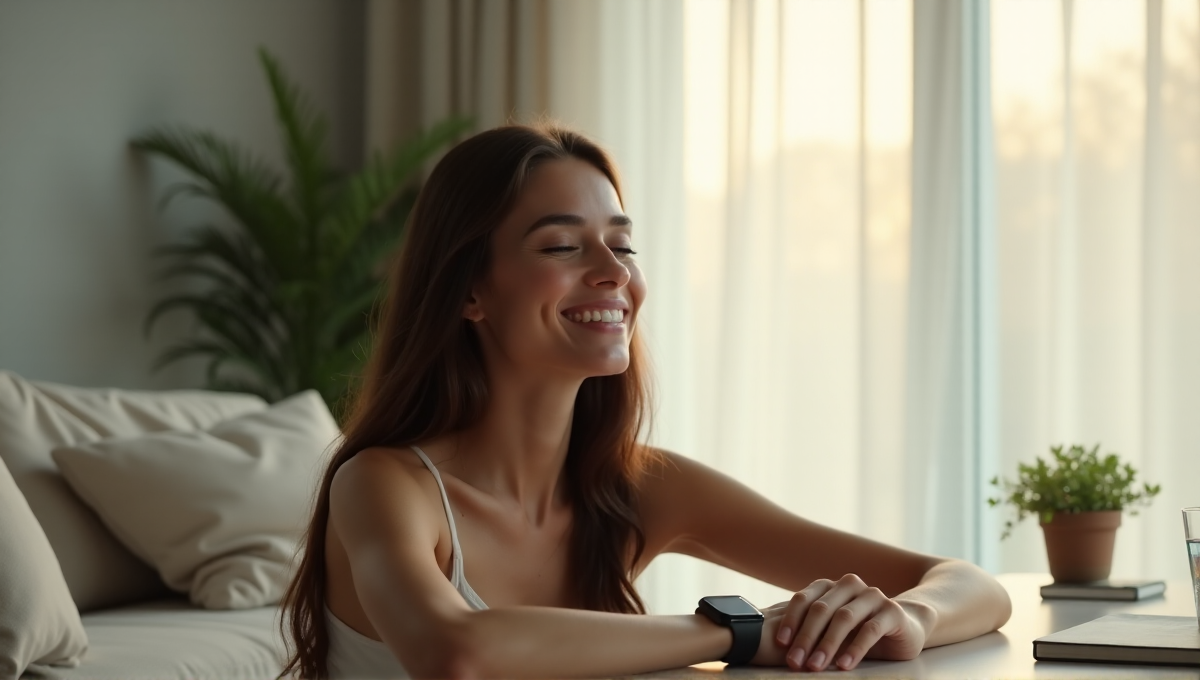 A serene woman relaxes in a minimalist living room, wearing a sleek smartwatch on her wrist, surrounded by calming elements and soft morning sunlight, inviting relaxation and optimal wellness with best health monitoring wearables 2025 technology.