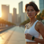 "A young woman stands confidently in a cityscape, wearing a sleek black and neon green sports watch on her wrist, with a determined yet relaxed facial expression."