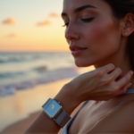A serene woman stands on a tranquil beach at sunset wearing a sleek silver wearable device with pulsing LED lights, capturing her vital signs in a peaceful natural setting.