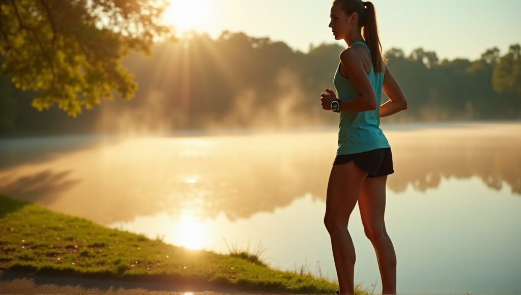 "A young female athlete stands at a serene lake's edge, wearing sleek black and neon green sports watch and high-tech running shoes with GPS tracking devices, preparing for her next run amidst misty fog and golden hour lighting."