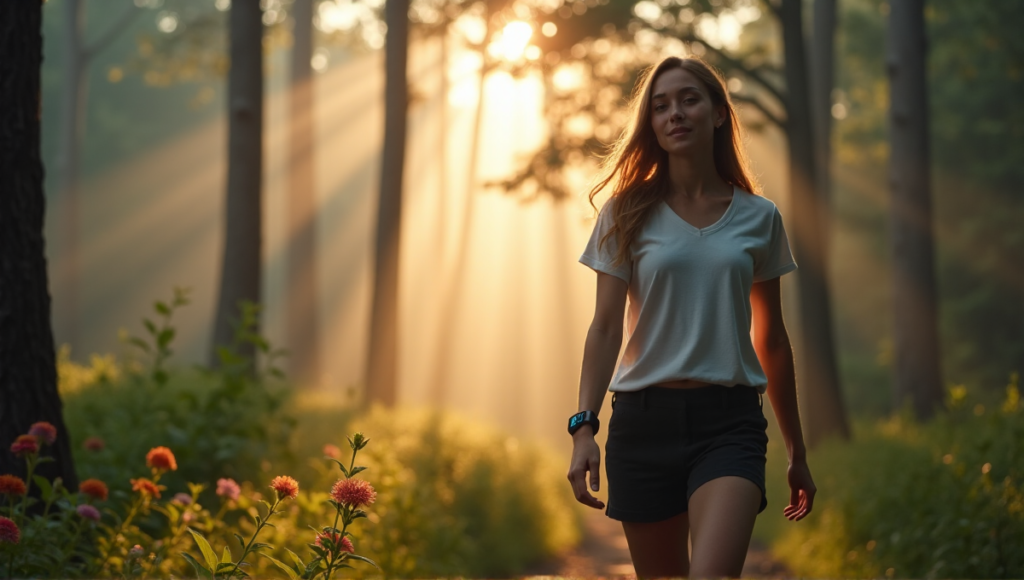 "A young woman wearing a sleek wearable device on her wrist walks through a misty morning forest, surrounded by tall trees and vibrant wildflowers, with a subtle LED display tracking her vital signs for best wearables sports fitness goals."