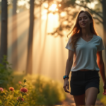 "A young woman wearing a sleek wearable device on her wrist walks through a misty morning forest, surrounded by tall trees and vibrant wildflowers, with a subtle LED display tracking her vital signs for best wearables sports fitness goals."