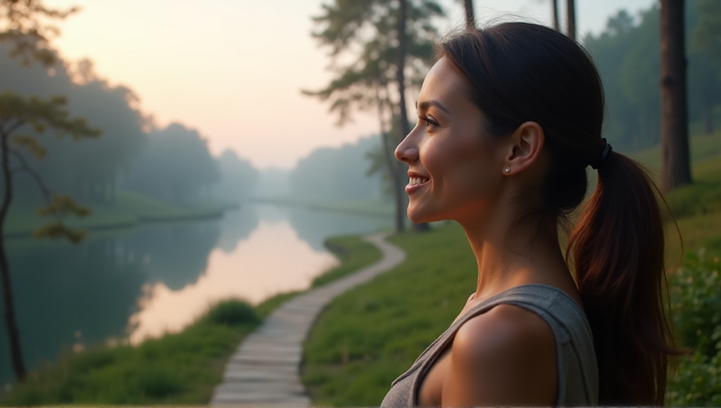 "A young woman stands on a winding stone path, wearing a sleek silver smartwatch with a large touchscreen display, surrounded by serene natural scenery and soft morning light."