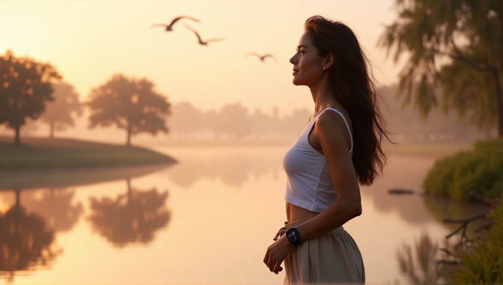 "A serene woman stands at a lake's edge during golden hour, wearing a sleek black smartwatch on her wrist, exuding balance and inner peace amidst nature's tranquility."