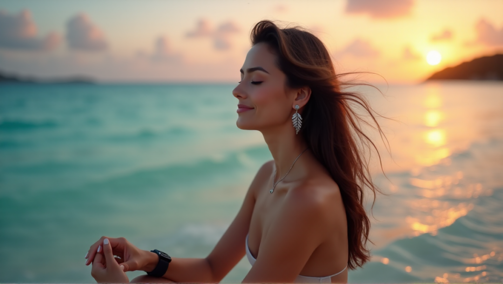 "A serene woman sits on a tranquil beach at sunset, wearing a sleek black smartwatch and elegant silver earrings, exuding inner peace amidst the vast turquoise ocean."