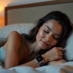 "A serene woman lies on her side in a cozy bedroom surrounded by soothing colors, wearing a sleek smartwatch reflecting soft light, as if drifting off to sleep with best wearables for sports fitness goals."