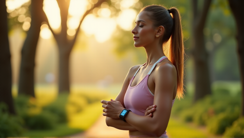 "A serene woman in her mid-30s stands amidst lush greenery wearing Pulse's top fashionable wearable device on her wrist, exuding calm focus and confidence."