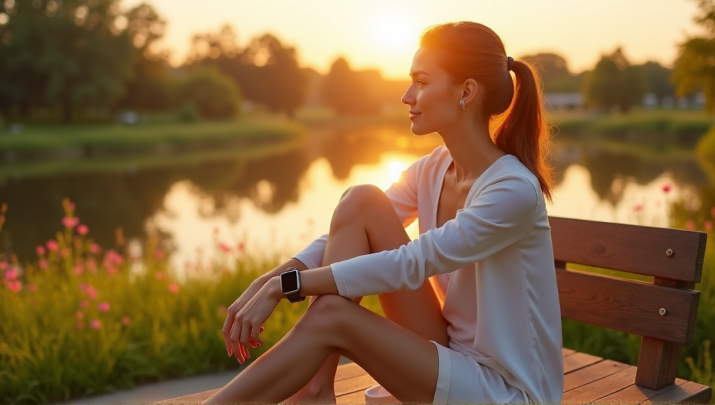 A woman sits on a wooden bench outdoors during golden hour, wearing a smartwatch, fitness tracker, and earpiece, exuding calmness and confidence while gazing at a serene lake landscape.