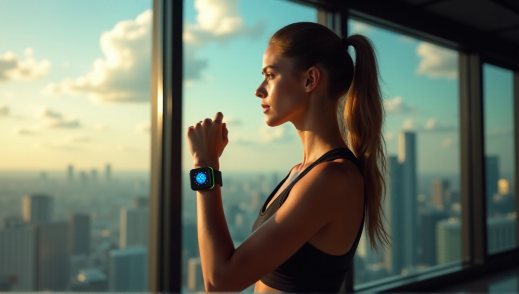 "A young woman stands confidently in front of a city skyline, wearing sleek smartwatch and fitness tracker devices with soft blue glow."