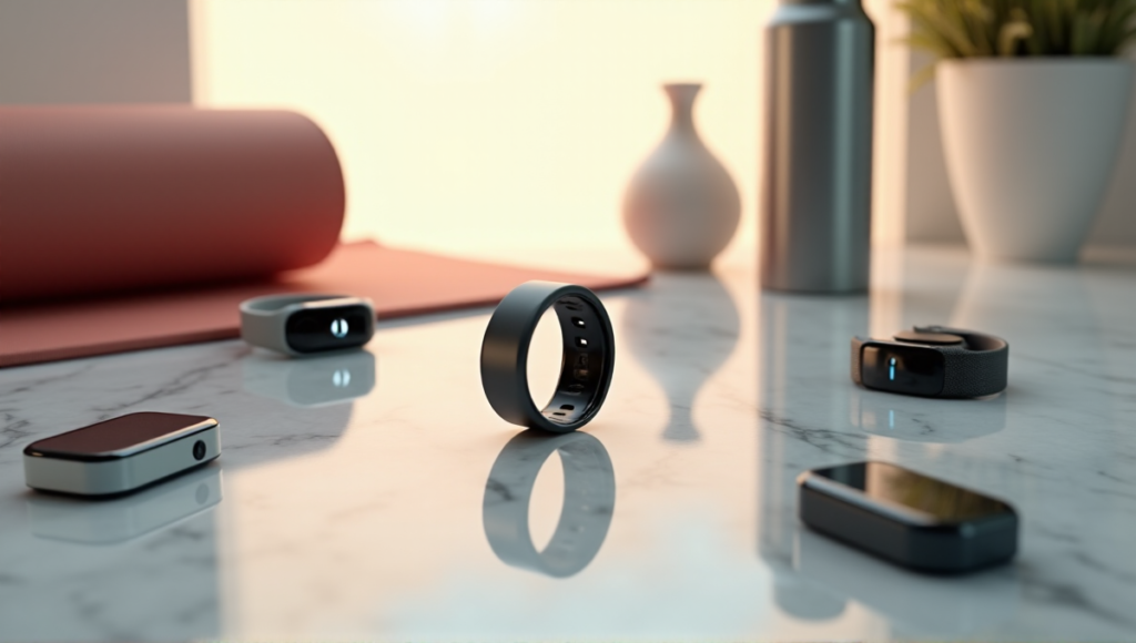 "A photorealistic image of sleek silver fitness trackers and smartwatches on a minimalist marble surface, conveying empowerment and control in achieving best wearables sports fitness goals."