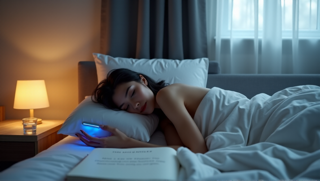 "A serene woman lies in bed wearing a sleek silver sleep wellness wearable device with a glowing blue LED light strip, surrounded by calming elements promoting restful sleep and relaxation."