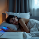 "A serene woman lies in bed wearing a sleek silver sleep wellness wearable device with a glowing blue LED light strip, surrounded by calming elements promoting restful sleep and relaxation."