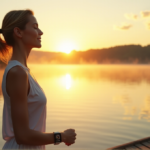"A serene woman stands on a wooden dock, wearing a sleek silver smartwatch with an OLED heartbeat display, surrounded by a tranquil lake at dawn."