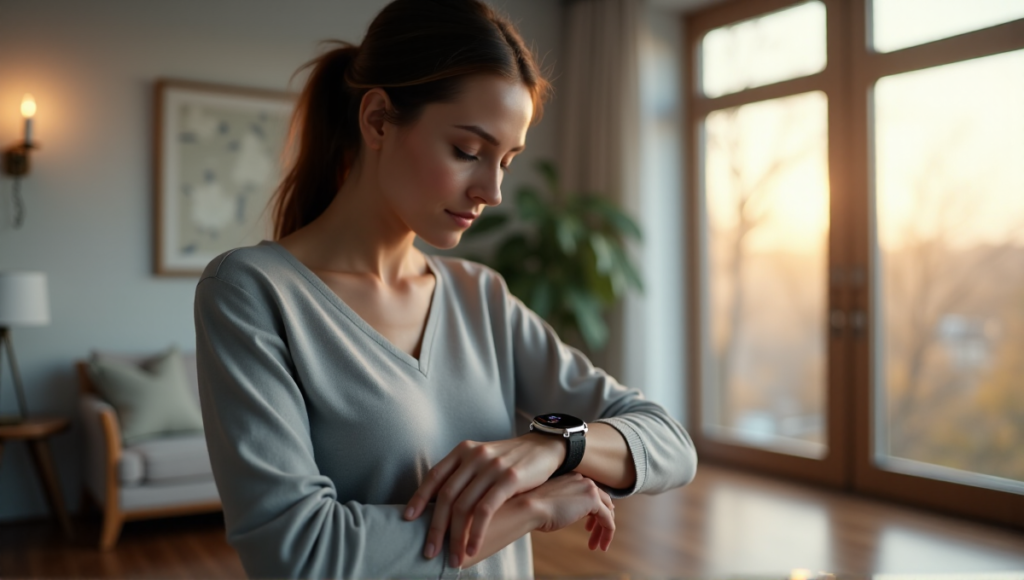 "A person wearing a sleek silver smartwatch with high-resolution display in a serene modern living room, surrounded by calming light gray walls and dark hardwood floor."