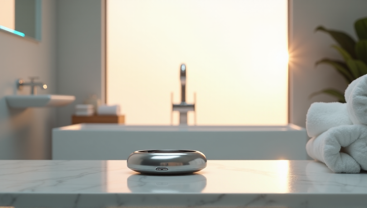 A sleek silver Pulse wearable device on a minimalist marble countertop in a modern bathroom, showcasing cutting-edge innovation and health monitoring capabilities, part of the best health monitoring wearables 2025.