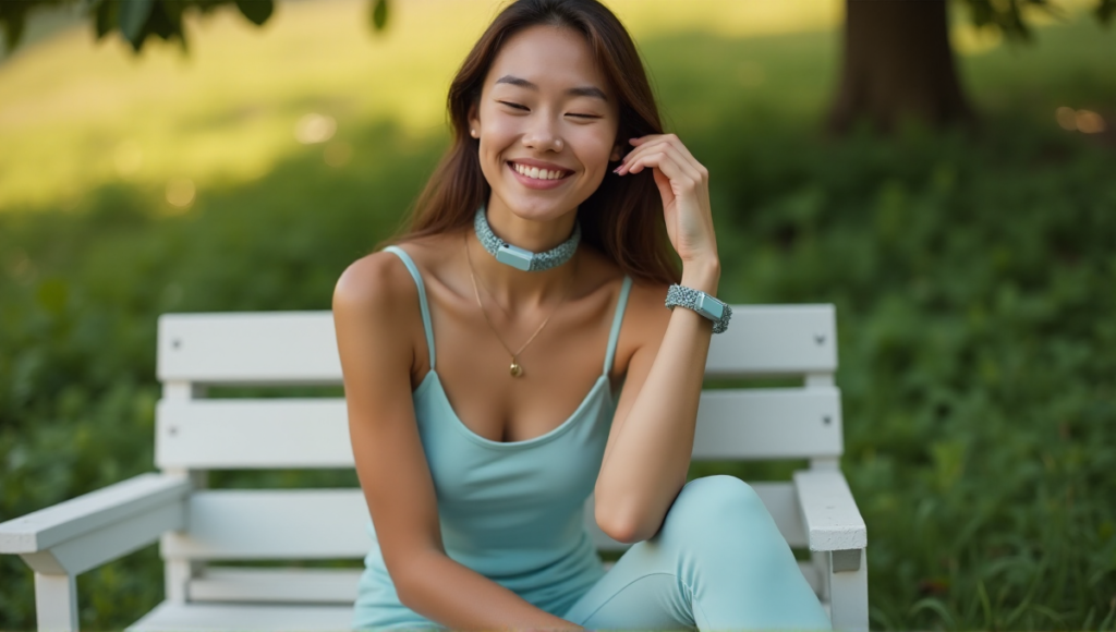 "A young woman sits on a minimalist bench amidst lush greenery, effortlessly wearing multiple smart devices on her wrist, neck, and ear, exuding calmness in harmony with nature."
