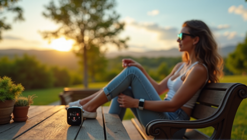 "A person wearing a sleek metallic silver smartwatch with premium leather strap, seated on a weathered wooden bench in a serene outdoor setting, emphasizing self-care and wellness, highlighting best health monitoring wearables 2025 features."